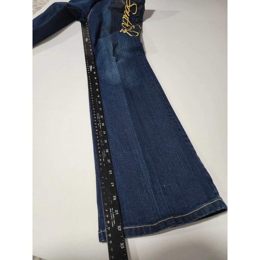 Southpole Y2K Womens Flare Jeans Dark Wash Gold Embroidered Streetwear Size 9